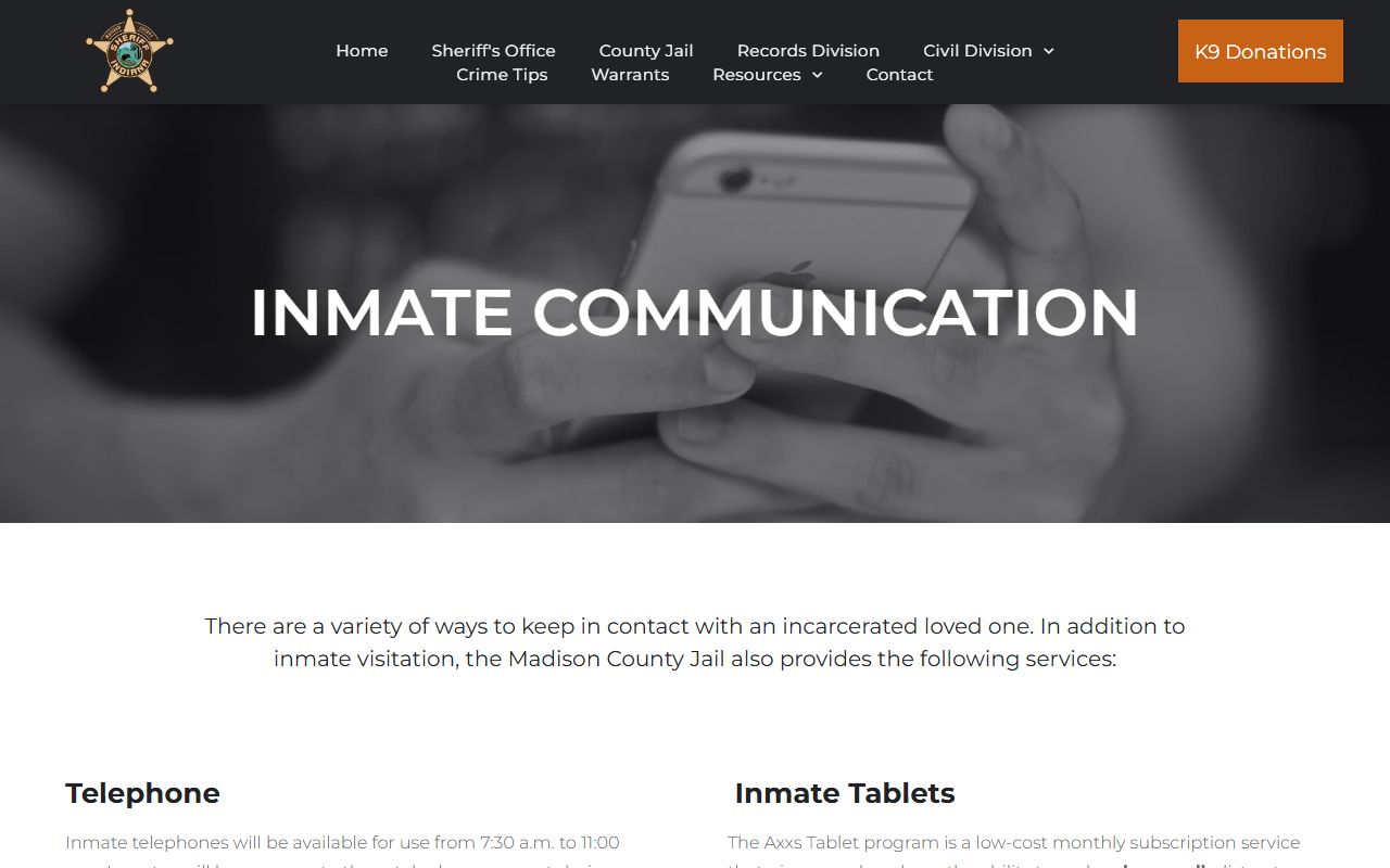 Madison County inmate records phone video and messaging information